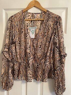 GUESS Animal-Print Wrap Peplum Blouse in Tan, Black & Cream